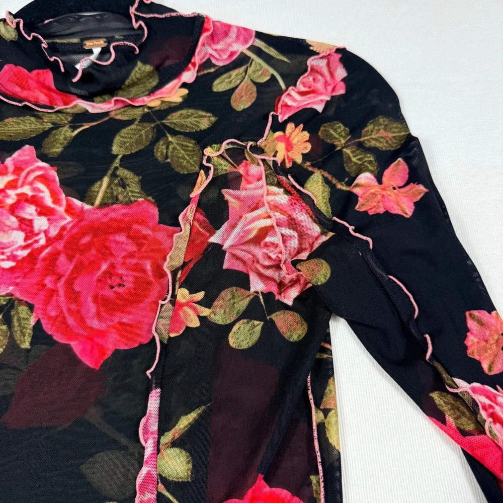 Free People Mesh Top S Black Red Floral Rose Sheer L/sleeve dark romancgoth